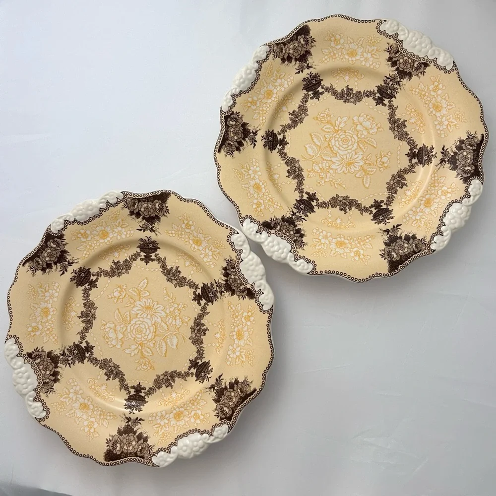 Anthropologie Vintage Shabby Chic Set of 2 Etruscan Festoon Salad Plates Yellow